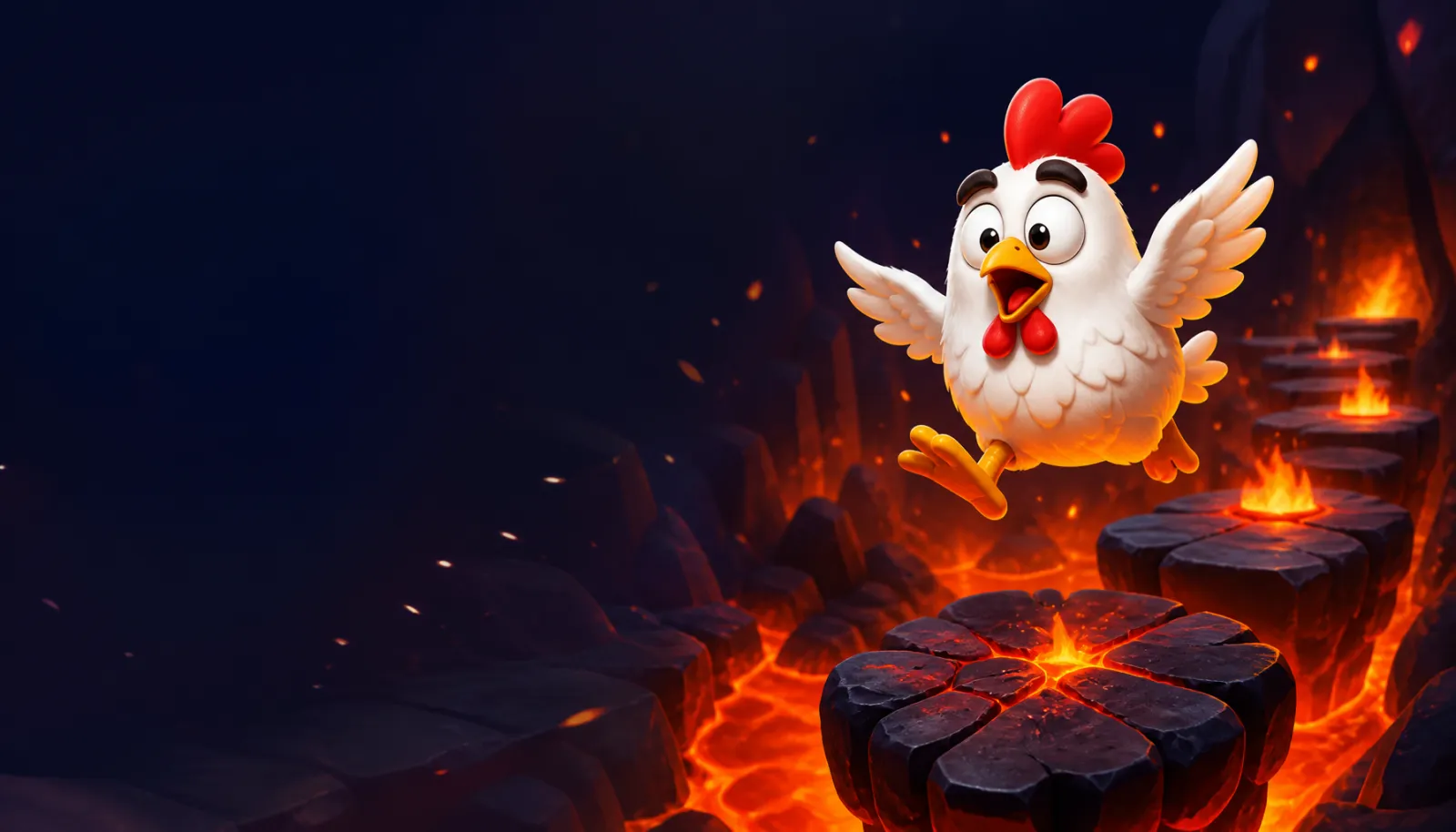 Vibrant Chicken Road themed hero banner with playful chicken and road elements on right side, space for text on left.