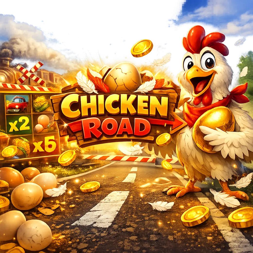 Promotional image featuring a funny chicken on road lanes with coins, feathers, and a bright arcade atmosphere.