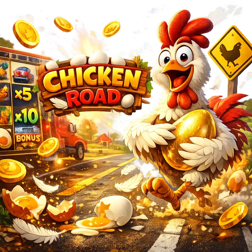 Funny chicken with road lanes and coins for Chicken Road slot game promotion