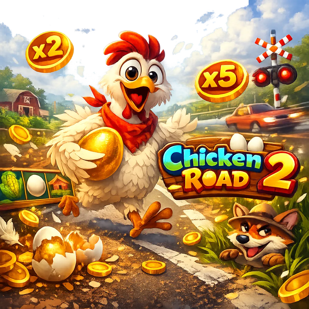 Promotional image of Chicken Road slot featuring a funny chicken crossing road with eggs, feathers, and coins in a playful ca