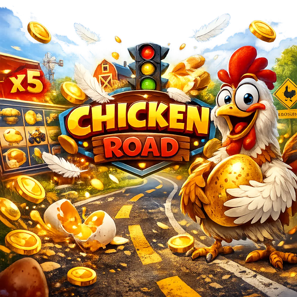 Dynamic promotional image for Chicken Road slot featuring playful chickens, road lanes, and bright crashing game energy